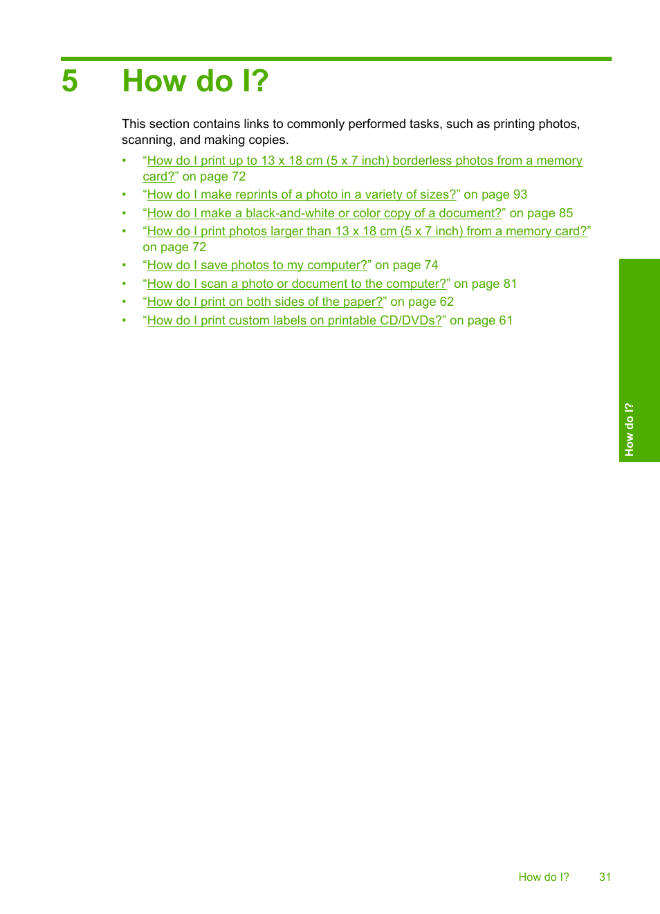 How do i, 5 how do i, 5how do i | HP Photosmart C5580 All-in-One Printer User Manual | Page 34 / 292