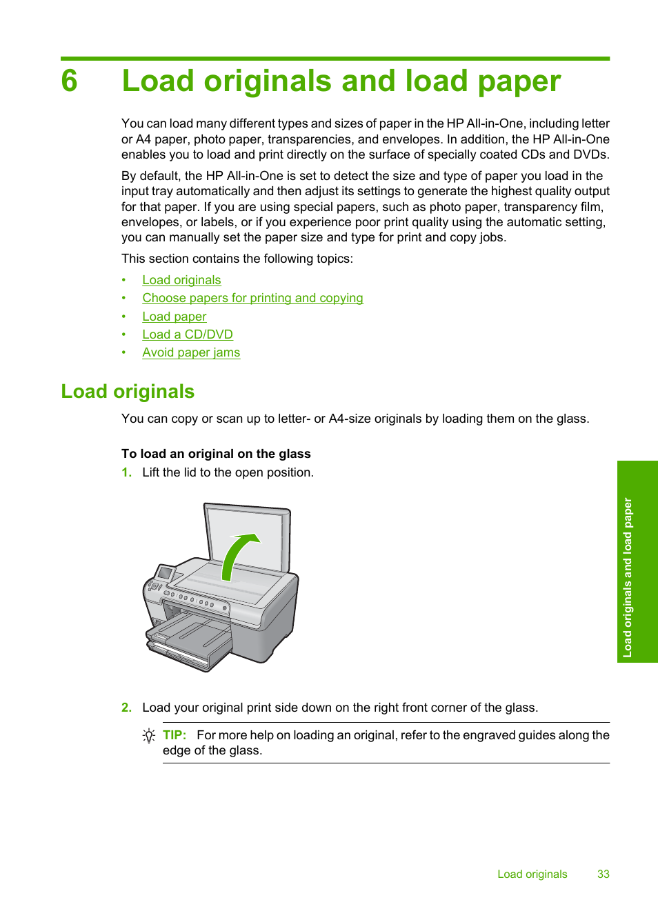 Load originals and load paper, Load originals, 6 load originals and load paper | 6load originals and load paper | HP Photosmart C5580 All-in-One Printer User Manual | Page 36 / 292