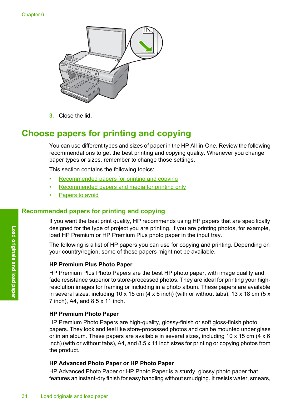 Choose papers for printing and copying, Recommended papers for printing and copying | HP Photosmart C5580 All-in-One Printer User Manual | Page 37 / 292