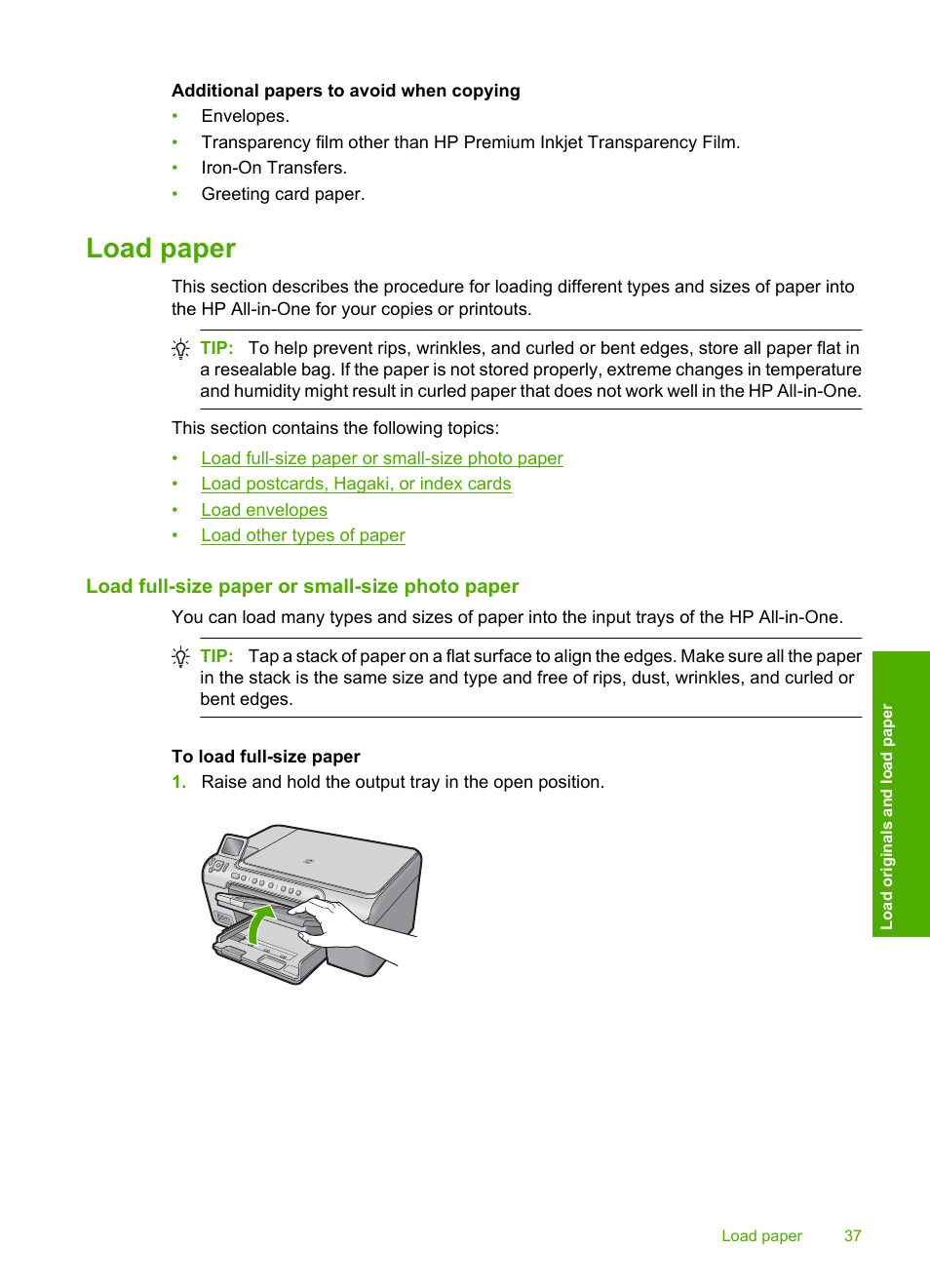 Load paper, Load full-size paper or small-size photo paper | HP Photosmart C5580 All-in-One Printer User Manual | Page 40 / 292