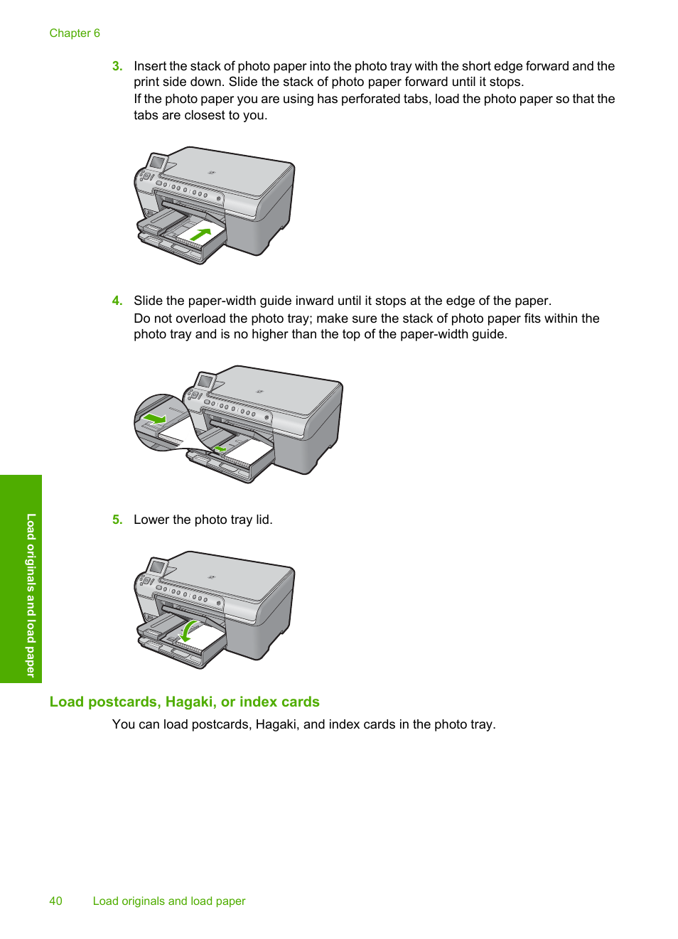 Load postcards, hagaki, or index cards | HP Photosmart C5580 All-in-One Printer User Manual | Page 43 / 292