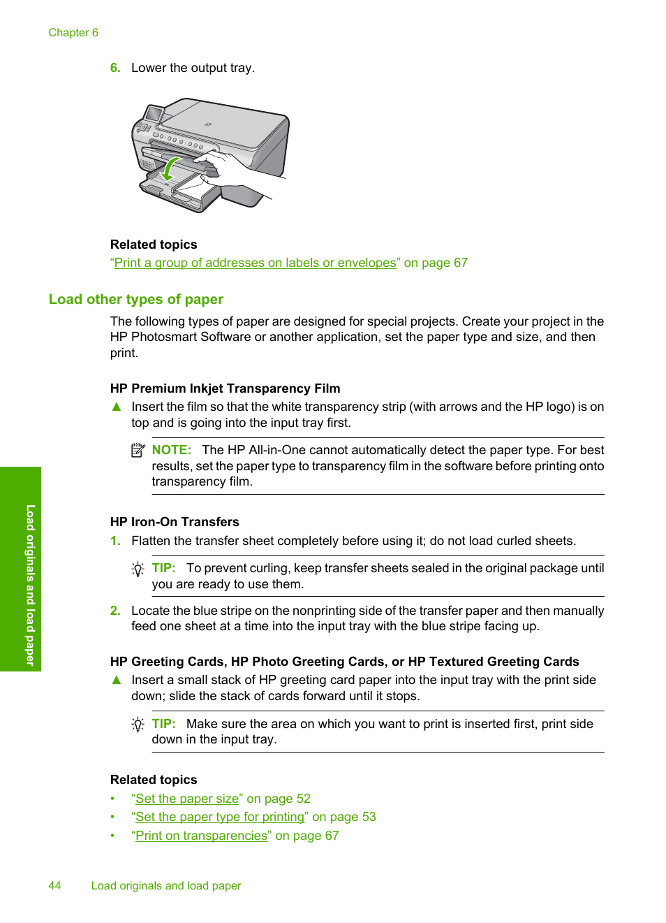 Load other types of paper | HP Photosmart C5580 All-in-One Printer User Manual | Page 47 / 292
