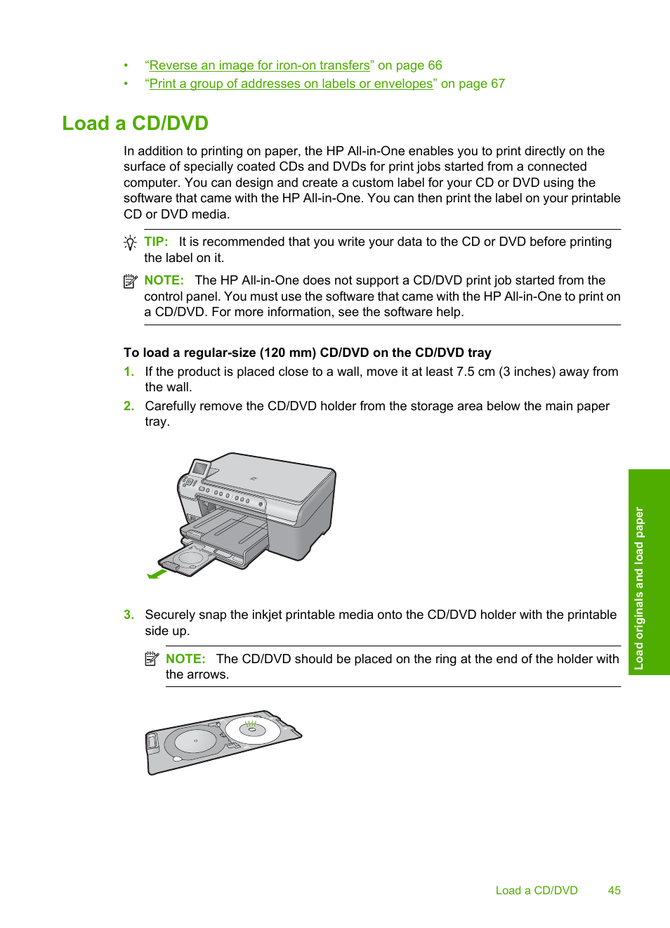 Load a cd/dvd | HP Photosmart C5580 All-in-One Printer User Manual | Page 48 / 292