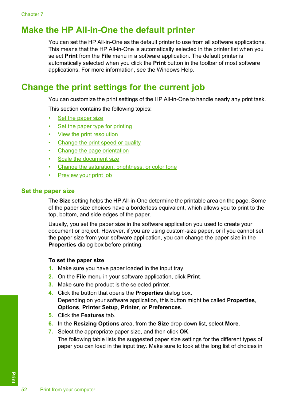 Make the hp all-in-one the default printer, Change the print settings for the current job, Set the paper size | HP Photosmart C5580 All-in-One Printer User Manual | Page 55 / 292