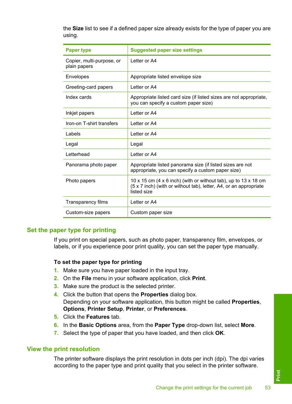 Set the paper type for printing, View the print resolution | HP Photosmart C5580 All-in-One Printer User Manual | Page 56 / 292