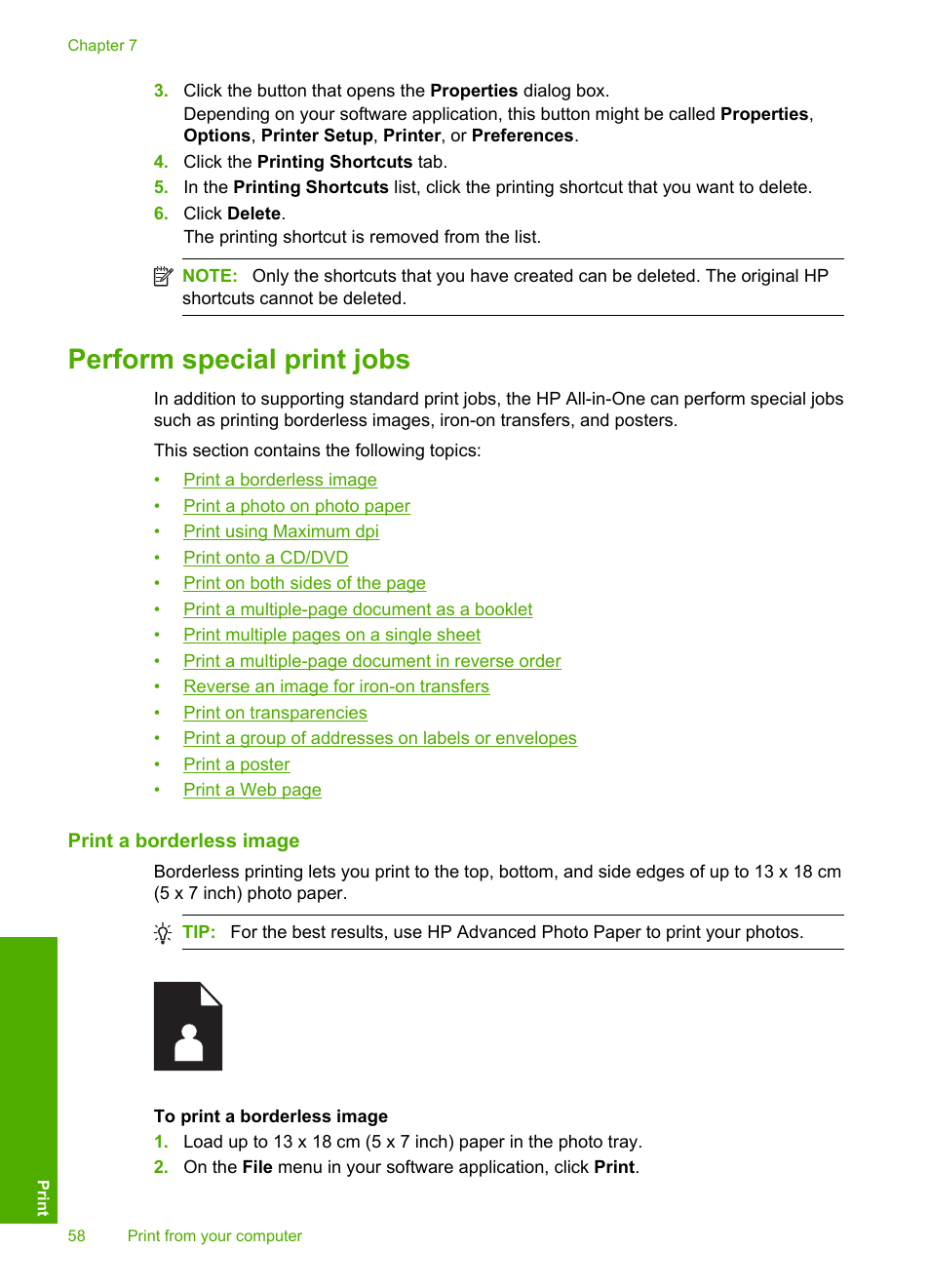 Perform special print jobs, Print a borderless image | HP Photosmart C5580 All-in-One Printer User Manual | Page 61 / 292
