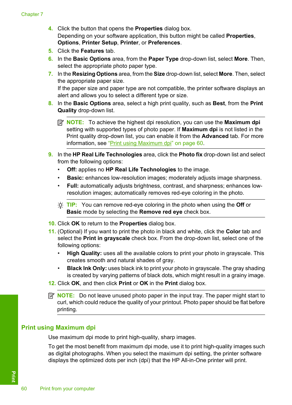 Print using maximum dpi | HP Photosmart C5580 All-in-One Printer User Manual | Page 63 / 292