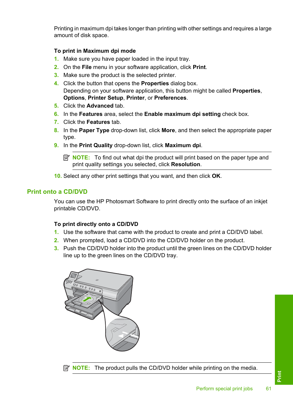 Print onto a cd/dvd | HP Photosmart C5580 All-in-One Printer User Manual | Page 64 / 292