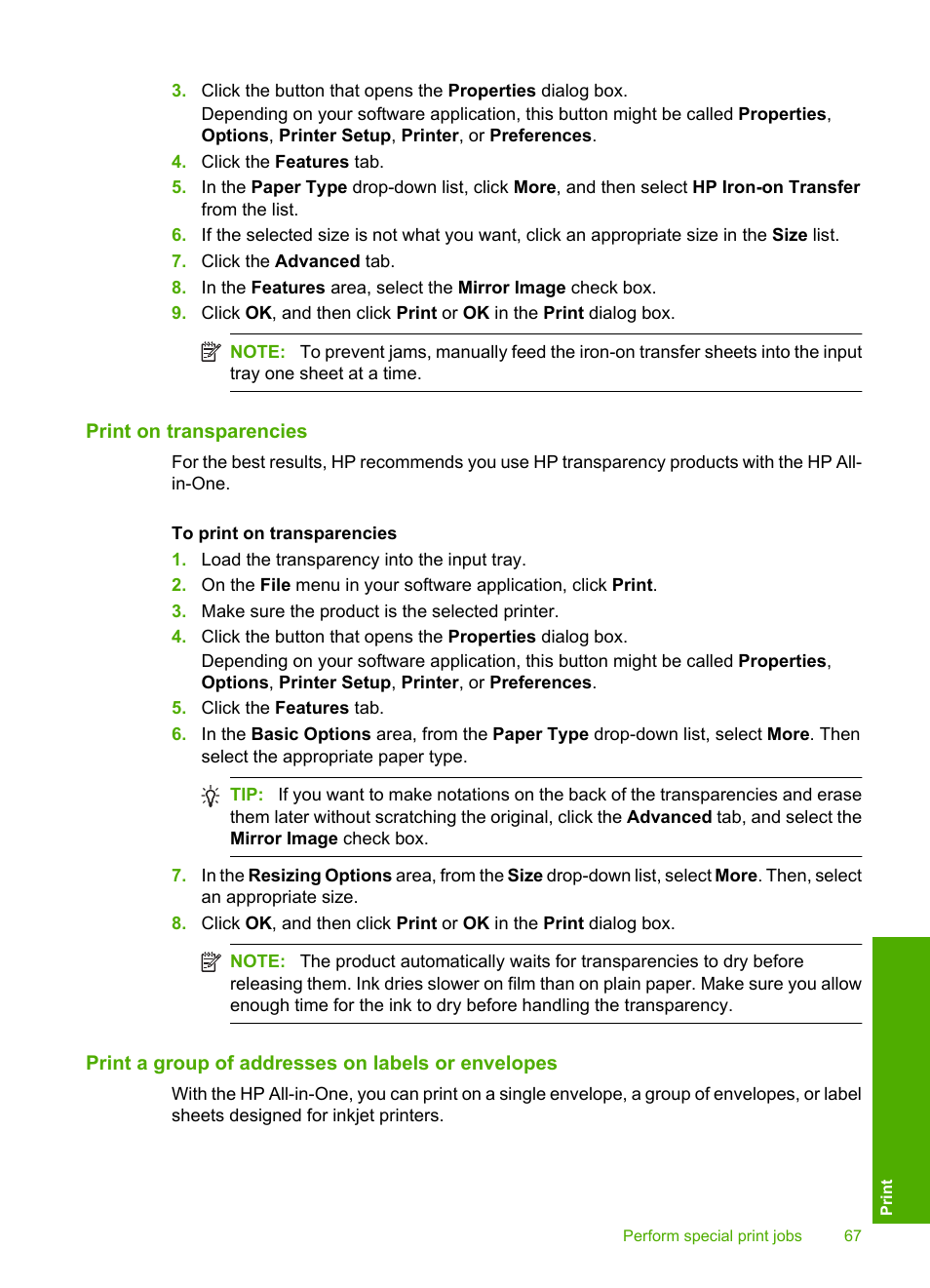 Print on transparencies, Print a group of addresses on labels or envelopes | HP Photosmart C5580 All-in-One Printer User Manual | Page 70 / 292
