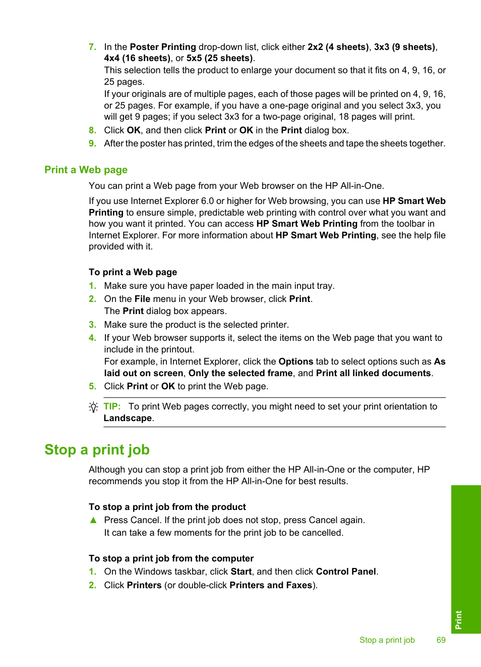 Stop a print job | HP Photosmart C5580 All-in-One Printer User Manual | Page 72 / 292