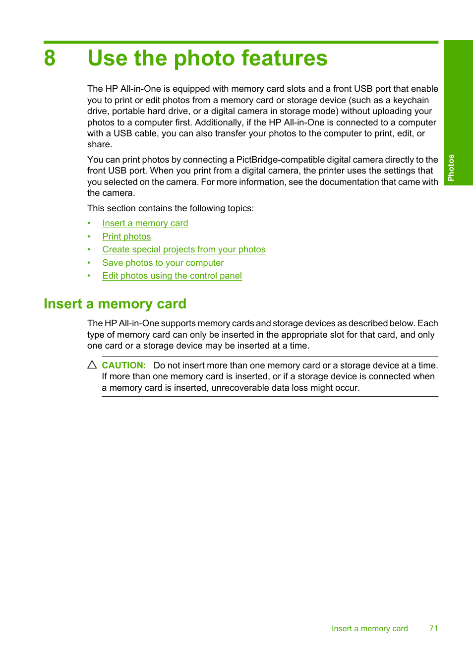 Use the photo features, Insert a memory card, 8 use the photo features | 8use the photo features | HP Photosmart C5580 All-in-One Printer User Manual | Page 74 / 292