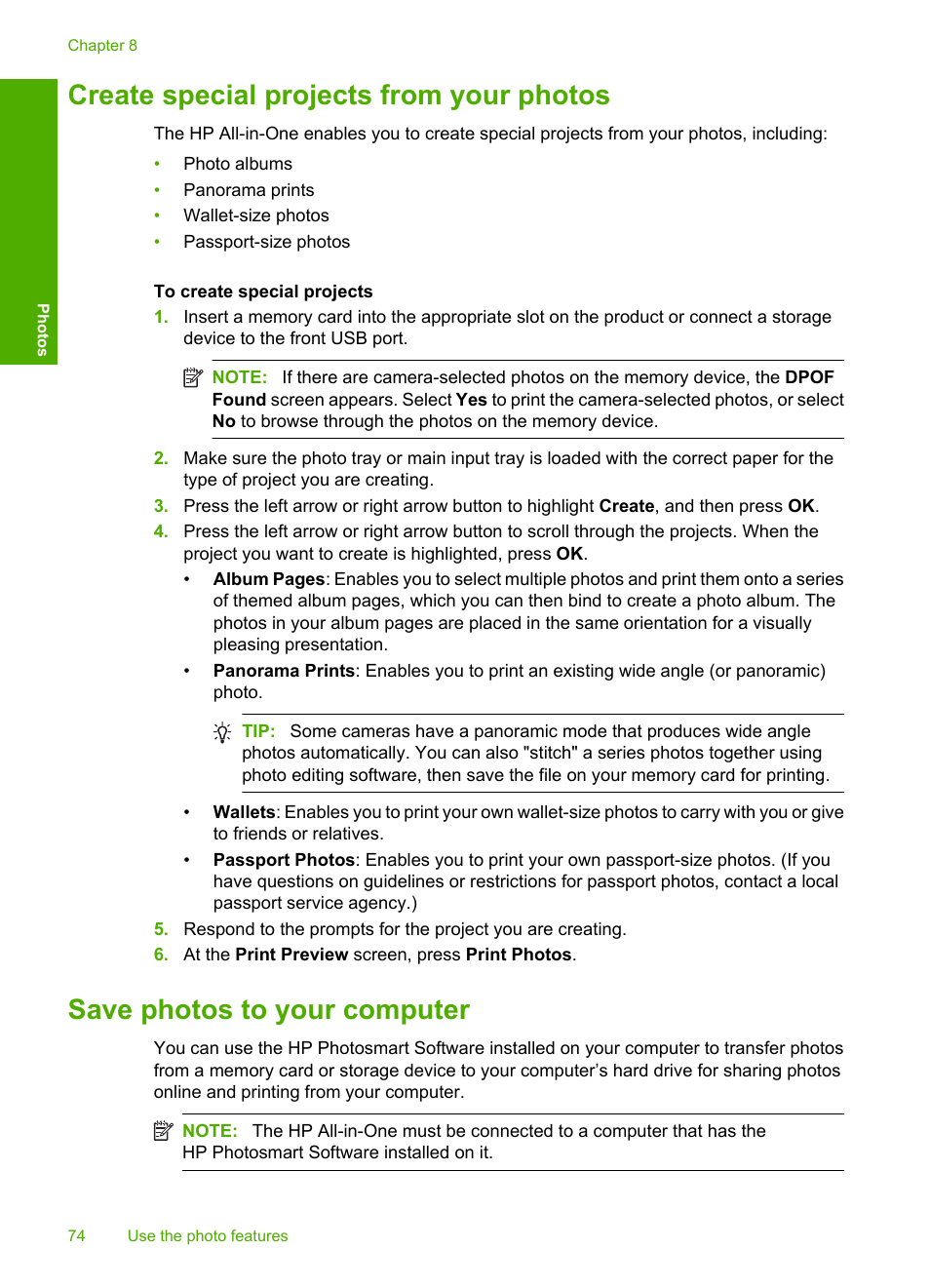 Create special projects from your photos, Save photos to your computer | HP Photosmart C5580 All-in-One Printer User Manual | Page 77 / 292