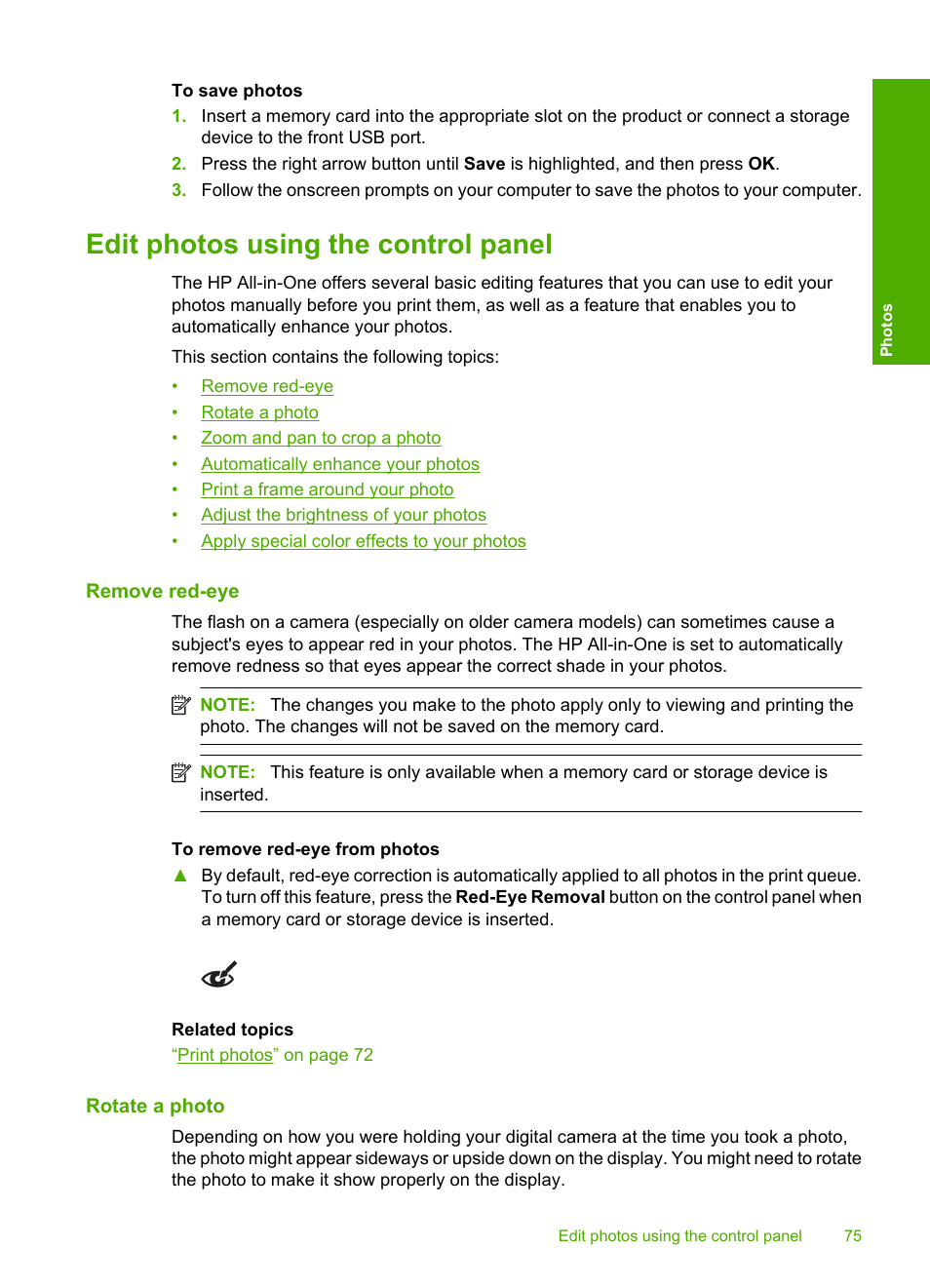 Edit photos using the control panel, Remove red‐eye, Rotate a photo | HP Photosmart C5580 All-in-One Printer User Manual | Page 78 / 292