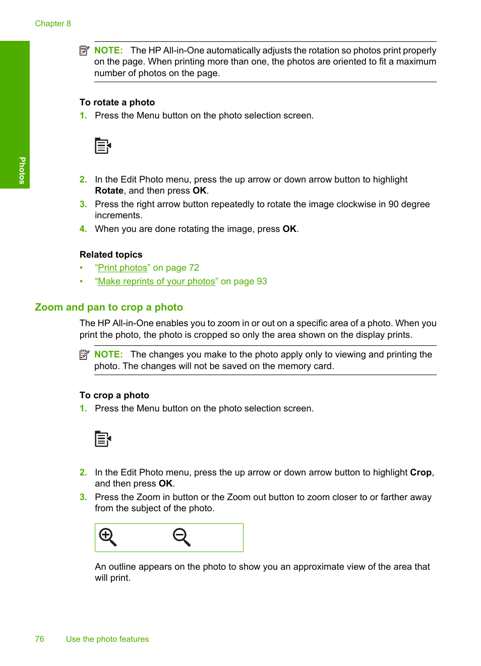 Zoom and pan to crop a photo | HP Photosmart C5580 All-in-One Printer User Manual | Page 79 / 292