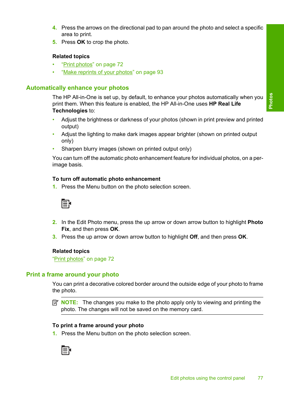 Automatically enhance your photos, Print a frame around your photo | HP Photosmart C5580 All-in-One Printer User Manual | Page 80 / 292