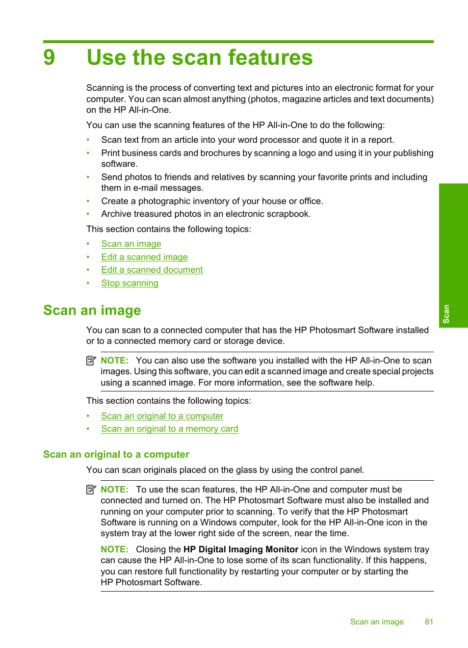 Use the scan features, Scan an image, Scan an original to a computer | 9 use the scan features, 9use the scan features | HP Photosmart C5580 All-in-One Printer User Manual | Page 84 / 292