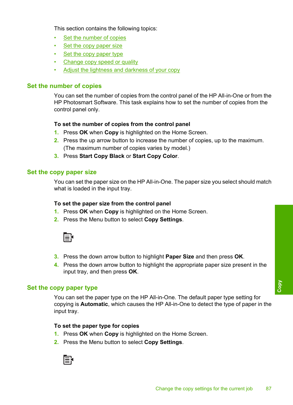 Set the number of copies, Set the copy paper size, Set the copy paper type | HP Photosmart C5580 All-in-One Printer User Manual | Page 90 / 292