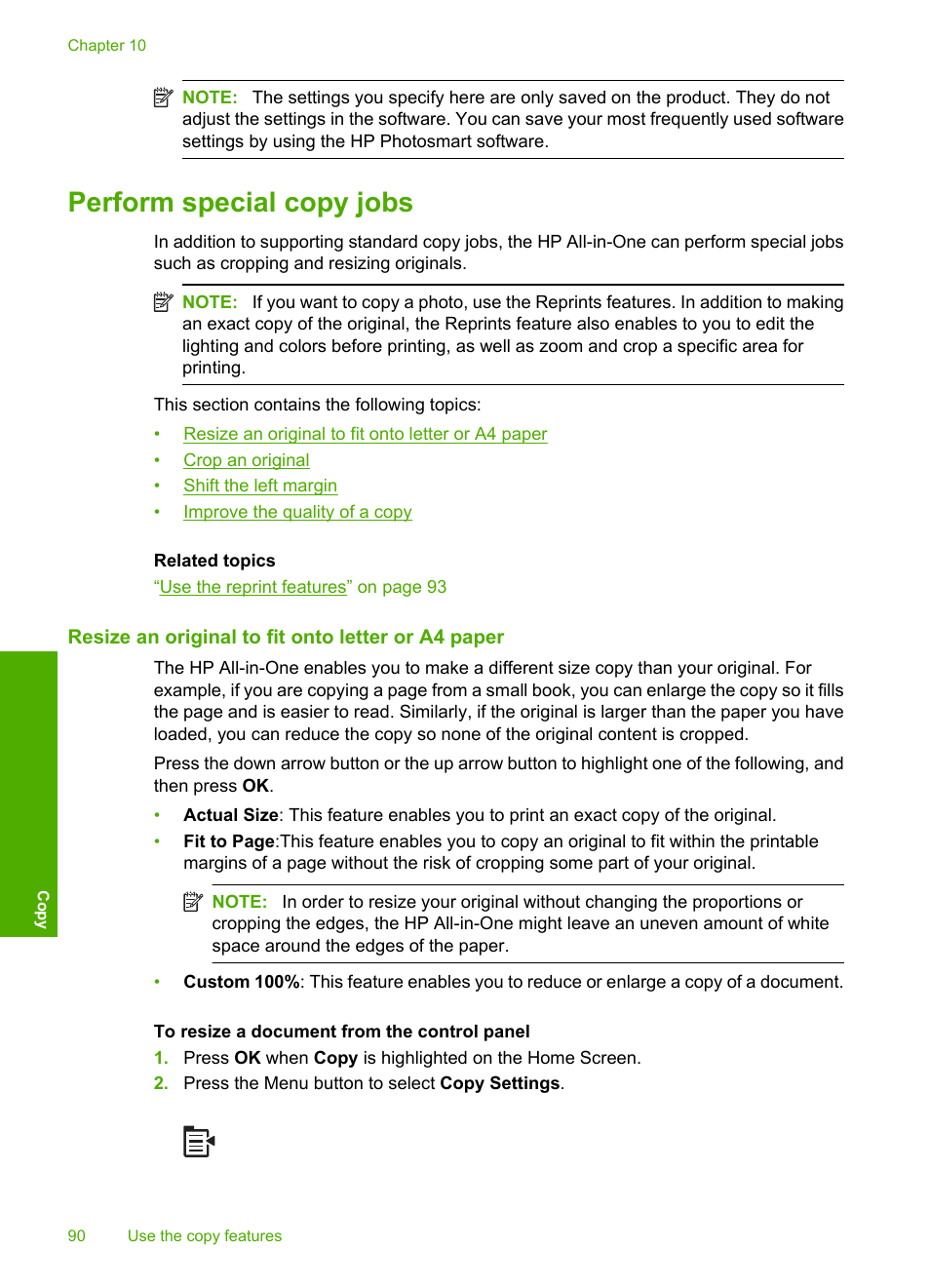 Perform special copy jobs, Resize an original to fit onto letter or a4 paper | HP Photosmart C5580 All-in-One Printer User Manual | Page 93 / 292