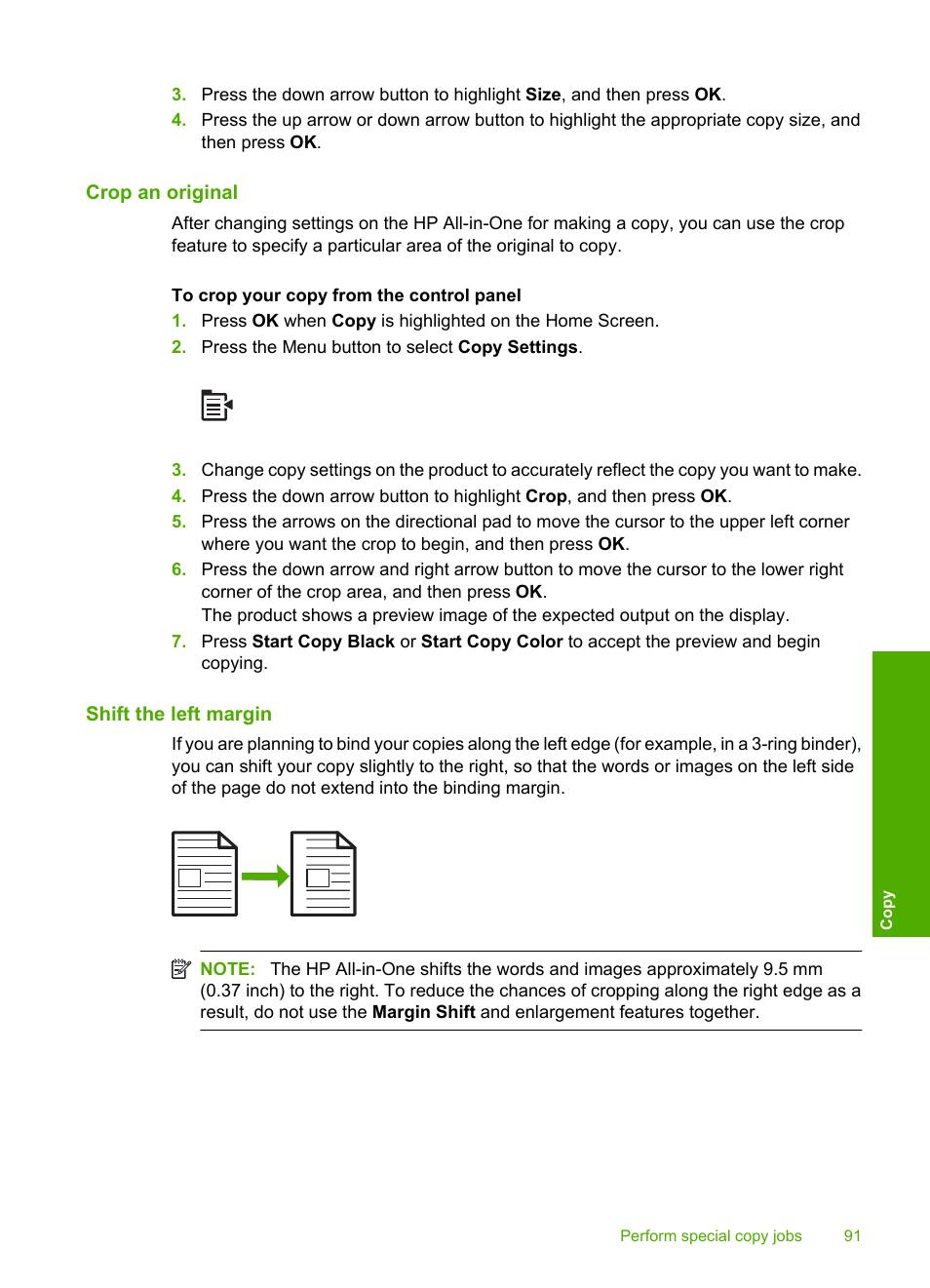 Crop an original, Shift the left margin | HP Photosmart C5580 All-in-One Printer User Manual | Page 94 / 292