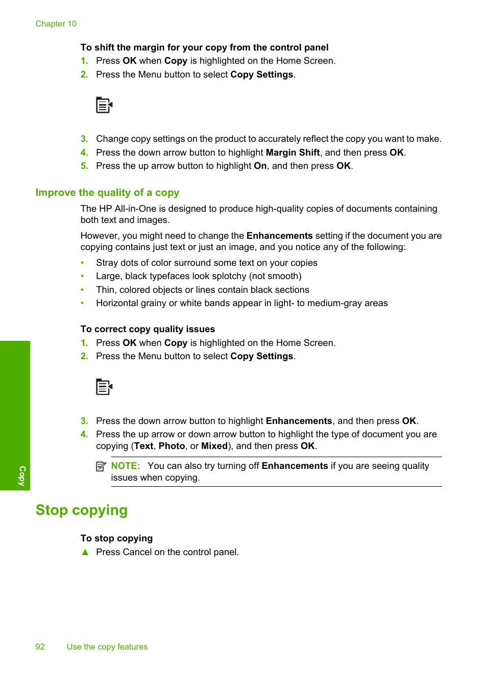Improve the quality of a copy, Stop copying | HP Photosmart C5580 All-in-One Printer User Manual | Page 95 / 292