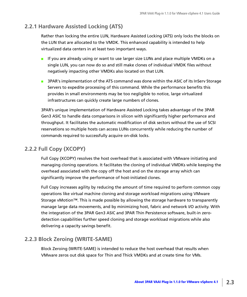 1 hardware assisted locking (ats), 2 full copy (xcopy), 3 block zeroing (write-same) | Hardware assisted locking (ats), Full copy (xcopy), Block zeroing (write-same) | HP 3PAR Solutions Software for vSphere User Manual | Page 13 / 44