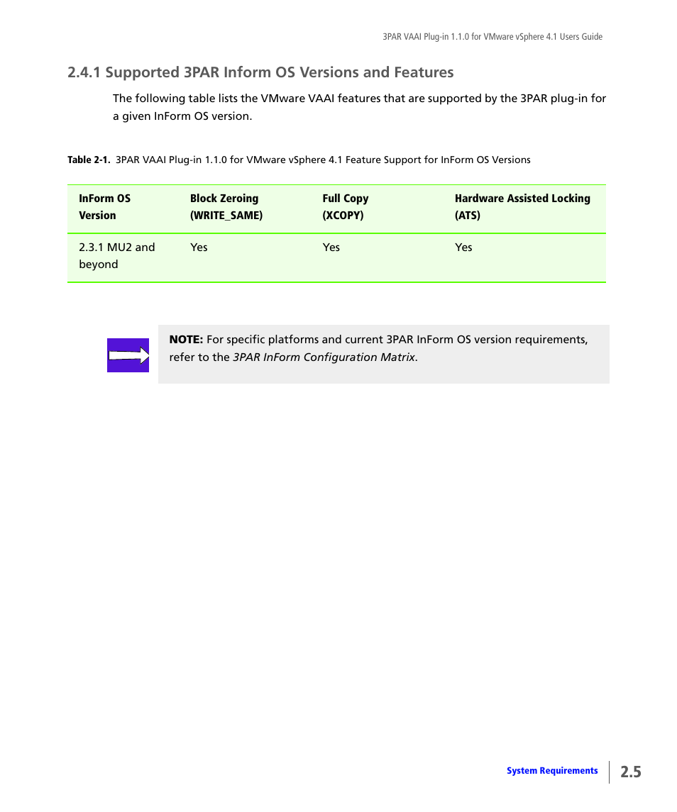 1 supported 3par inform os versions and features, Supported 3par inform os versions and features | HP 3PAR Solutions Software for vSphere User Manual | Page 15 / 44