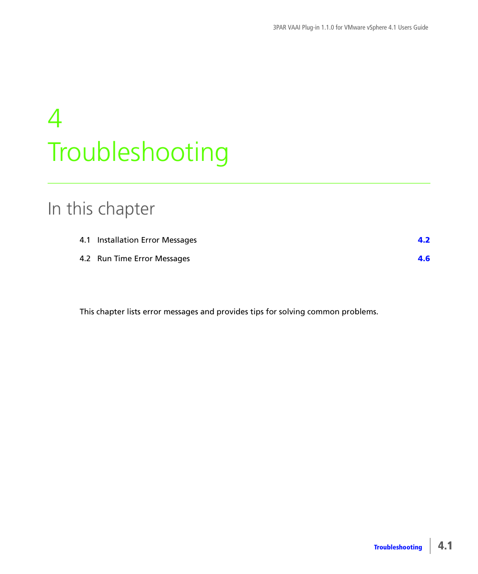 Troubleshooting, Chapter 4, troubleshooting, 4 troubleshooting | HP 3PAR Solutions Software for vSphere User Manual | Page 27 / 44