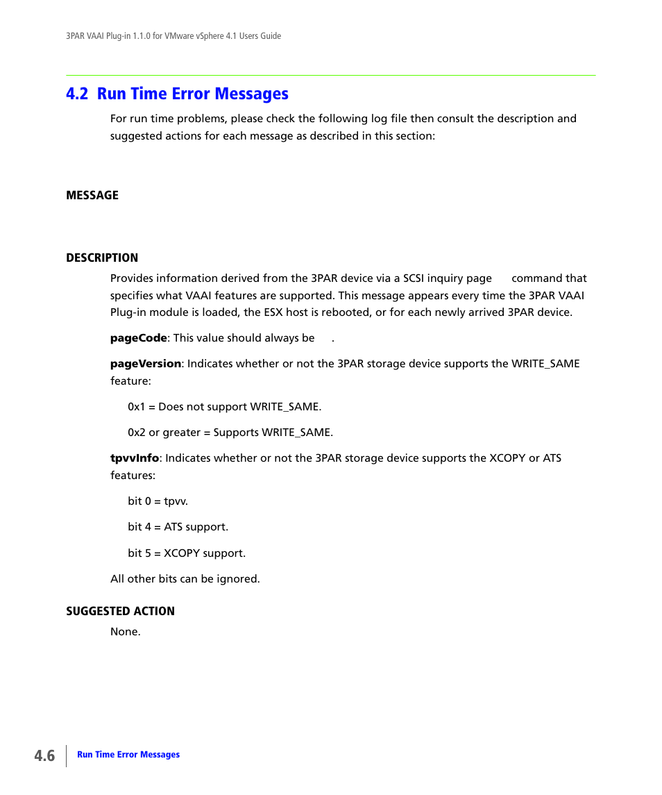 2 run time error messages, Run time error messages | HP 3PAR Solutions Software for vSphere User Manual | Page 32 / 44