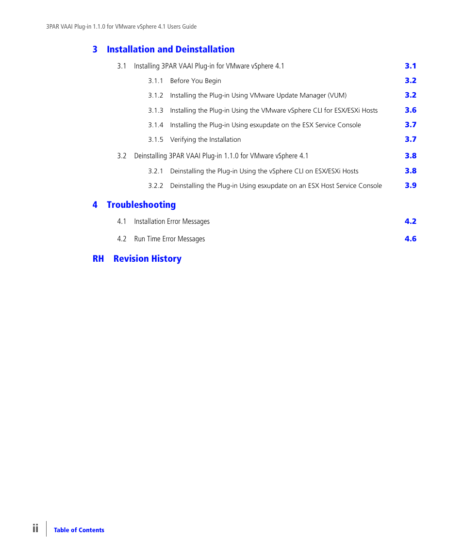 3installation and deinstallation, 4troubleshooting, Rh revision history | HP 3PAR Solutions Software for vSphere User Manual | Page 4 / 44