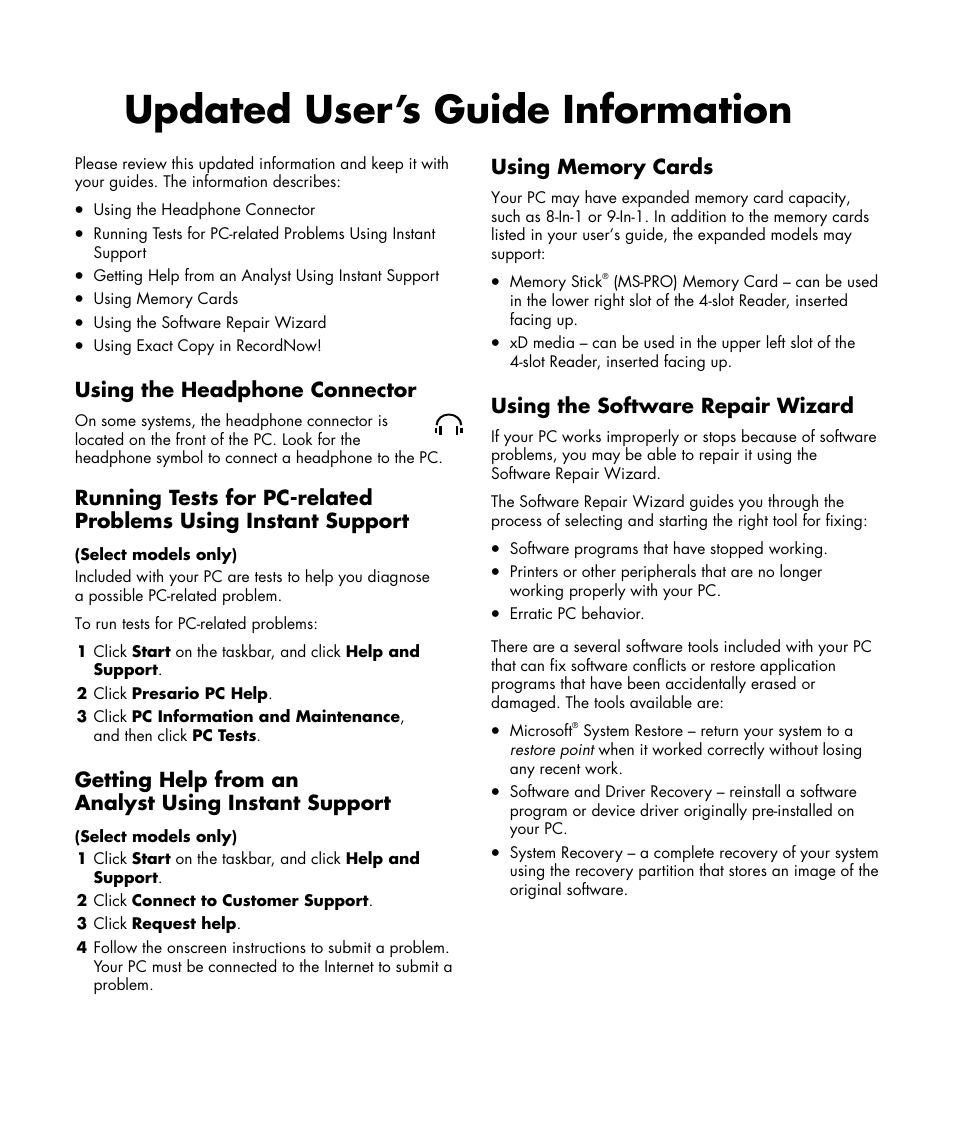 HP Compaq Presario SR1010V CTO Desktop PC User Manual | 2 pages