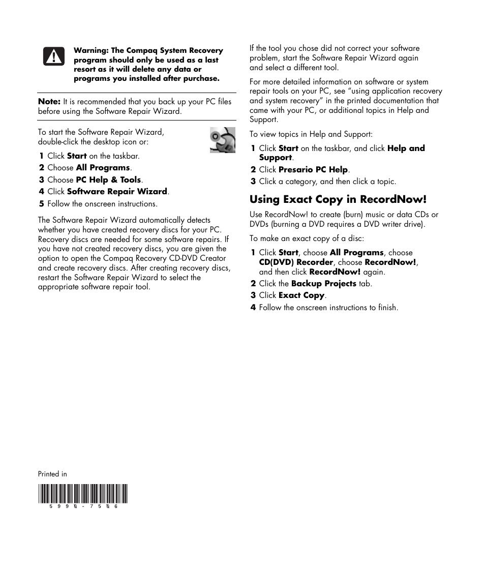 Using exact copy in recordnow | HP Compaq Presario SR1010V CTO Desktop PC User Manual | Page 2 / 2