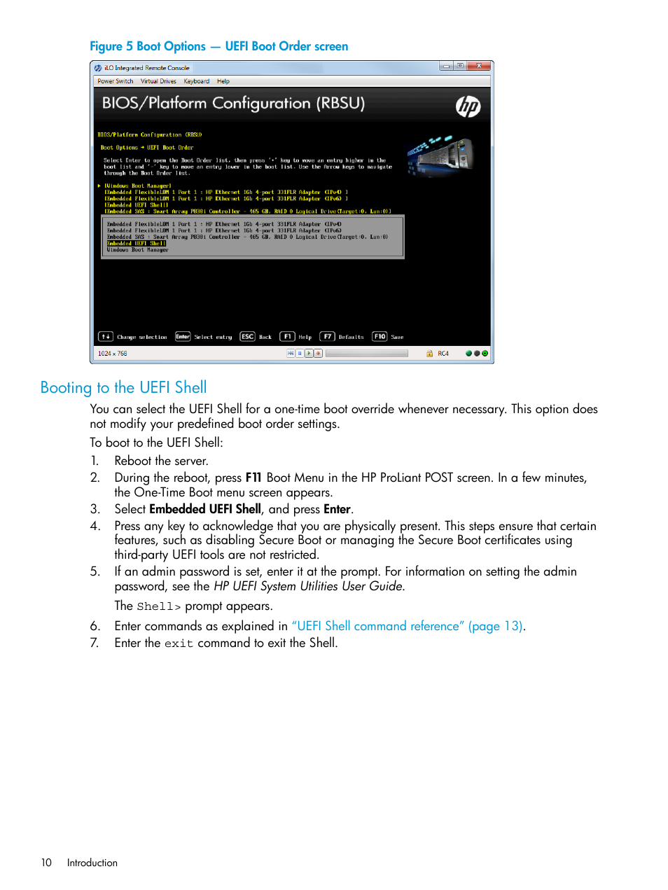 Booting to the uefi shell | HP Unified Extensible Firmware Interface User Manual | Page 10 / 79