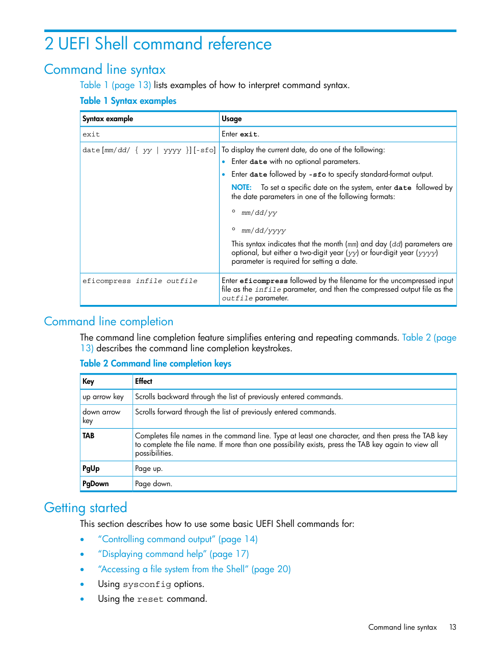 2 uefi shell command reference, Command line syntax, Command line completion | Getting started | HP Unified Extensible Firmware Interface User Manual | Page 13 / 79