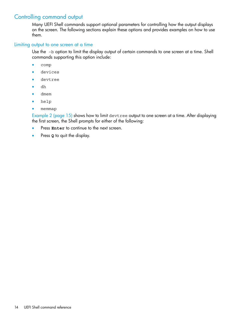 Controlling command output, Limiting output to one screen at a time | HP Unified Extensible Firmware Interface User Manual | Page 14 / 79