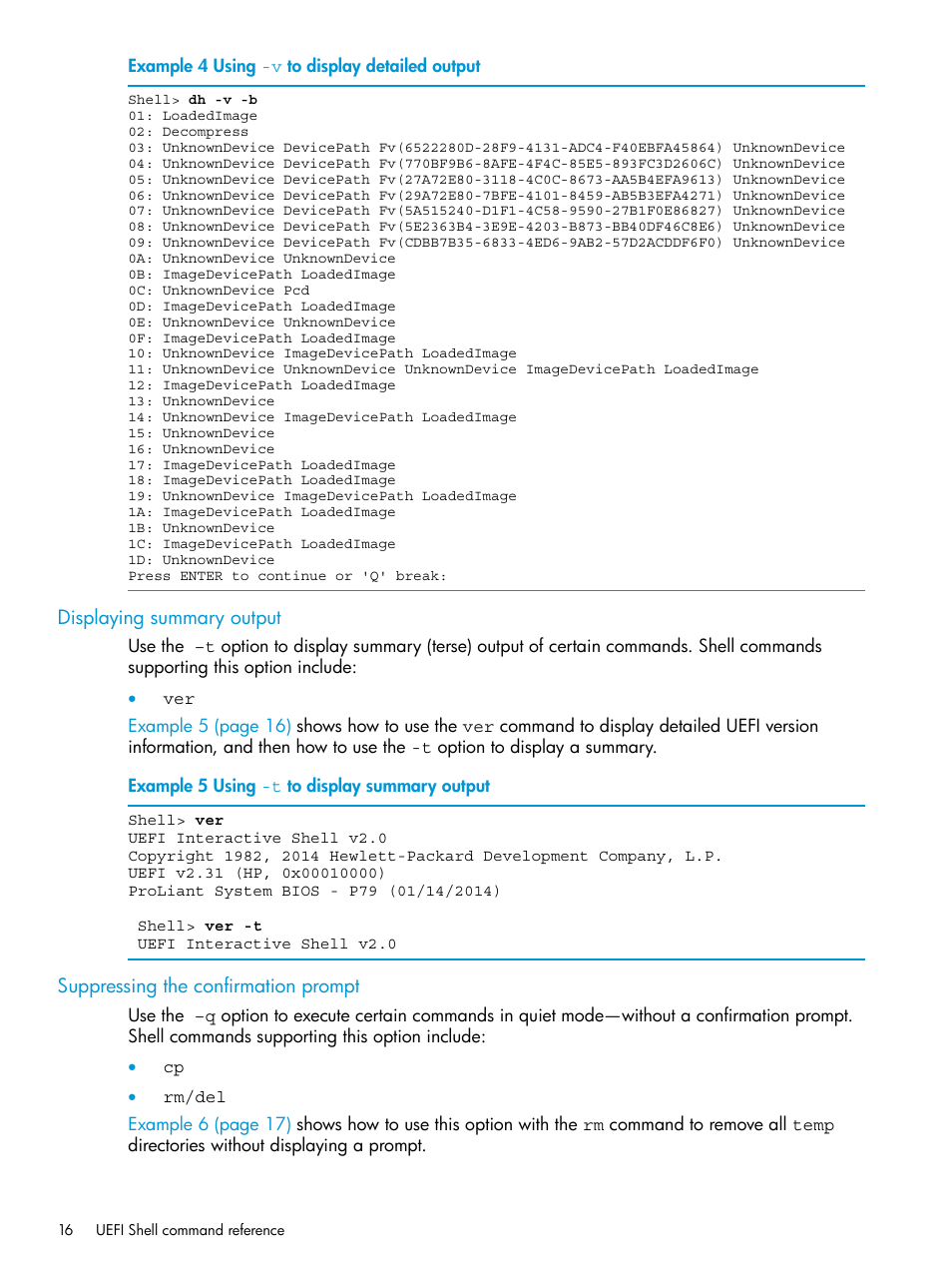 Displaying summary output, Suppressing the confirmation prompt | HP Unified Extensible Firmware Interface User Manual | Page 16 / 79