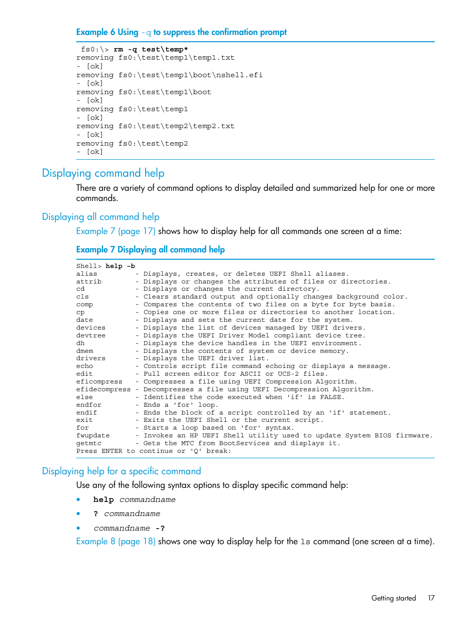 Displaying command help, Displaying all command help, Displaying help for a specific command | HP Unified Extensible Firmware Interface User Manual | Page 17 / 79