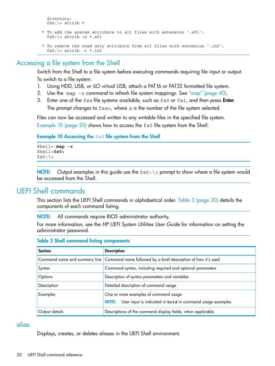 Accessing a file system from the shell, Uefi shell commands, Alias | HP Unified Extensible Firmware Interface User Manual | Page 20 / 79