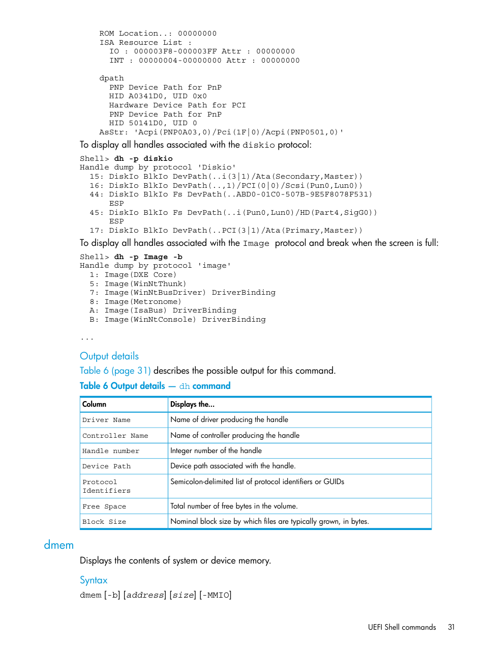 Dmem, Output details, Syntax | HP Unified Extensible Firmware Interface User Manual | Page 31 / 79