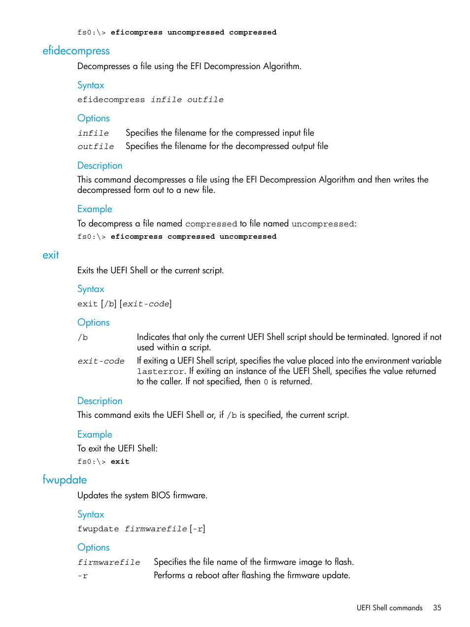 Efidecompress, Exit, Fwupdate | Efidecompress exit fwupdate | HP Unified Extensible Firmware Interface User Manual | Page 35 / 79