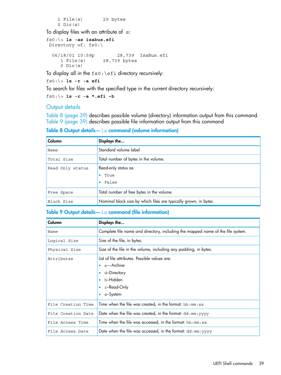 Output details—ls, Output details—ls command, Output details | HP Unified Extensible Firmware Interface User Manual | Page 39 / 79