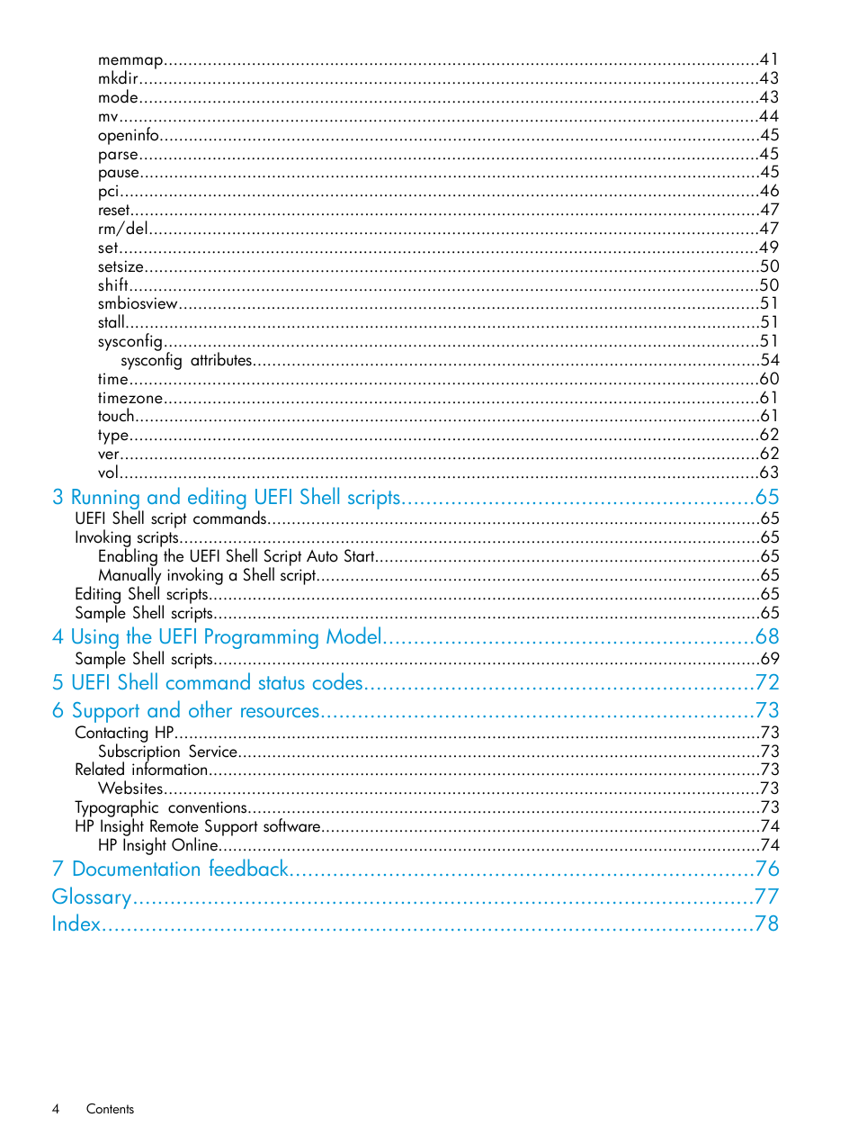 3 running and editing uefi shell scripts, 4 using the uefi programming model, 7 documentation feedback glossary index | HP Unified Extensible Firmware Interface User Manual | Page 4 / 79