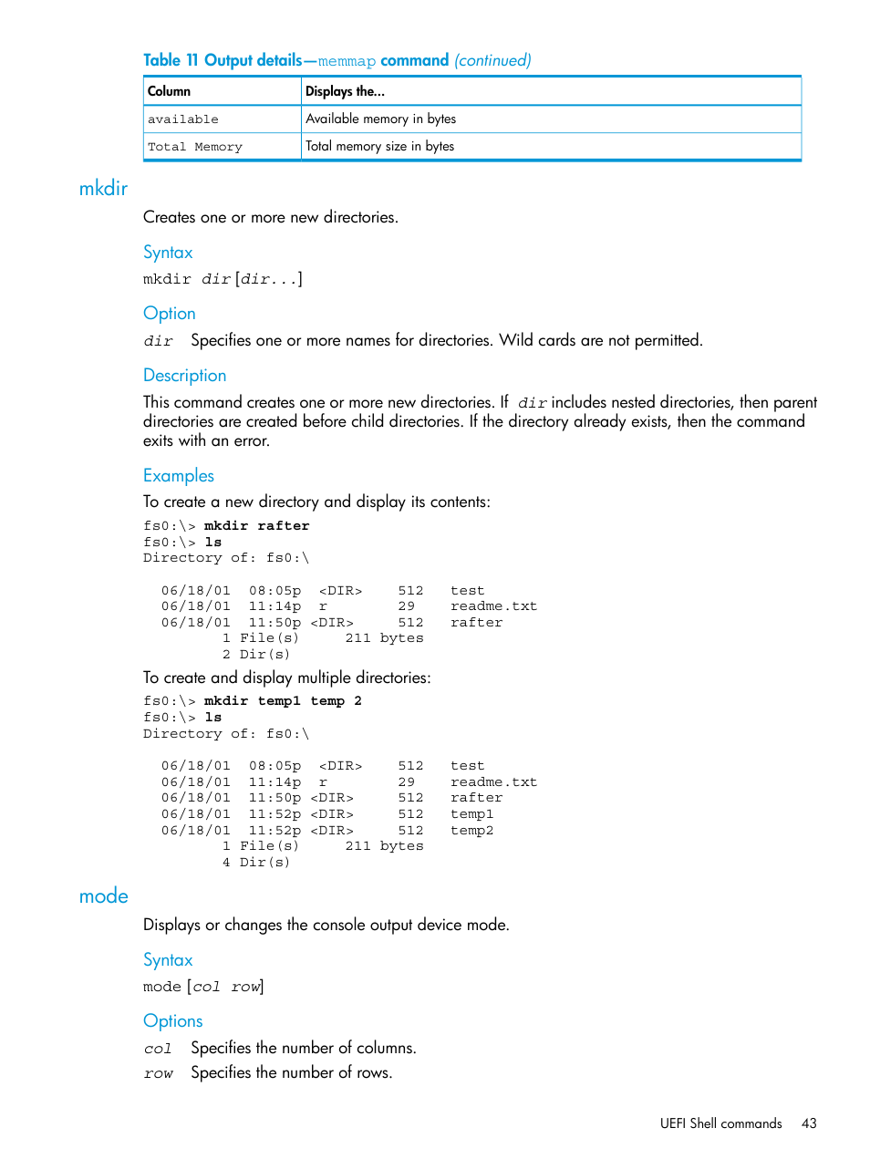 Mkdir, Mode, Mkdir mode | HP Unified Extensible Firmware Interface User Manual | Page 43 / 79