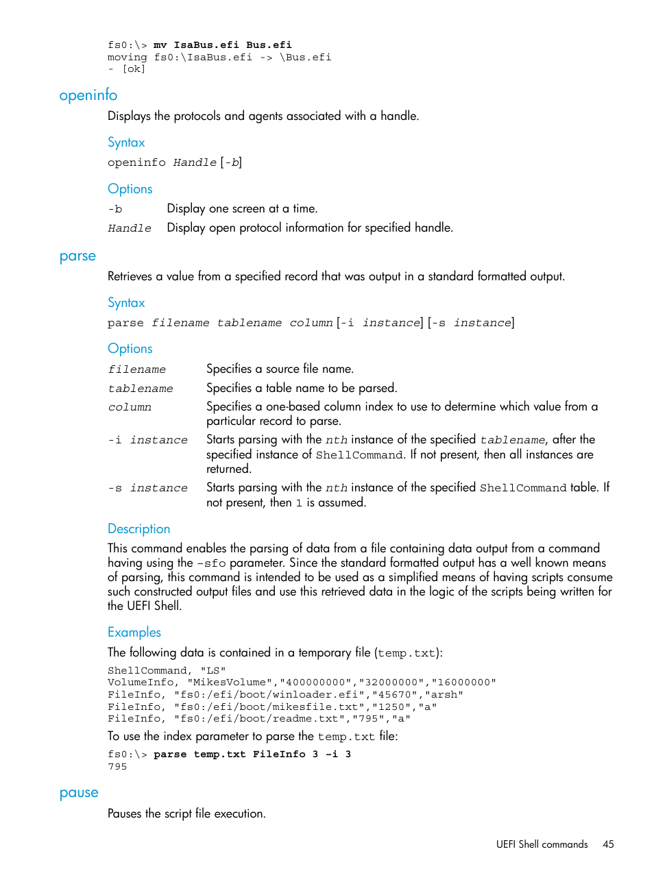 Openinfo, Parse, Pause | Openinfo parse pause | HP Unified Extensible Firmware Interface User Manual | Page 45 / 79