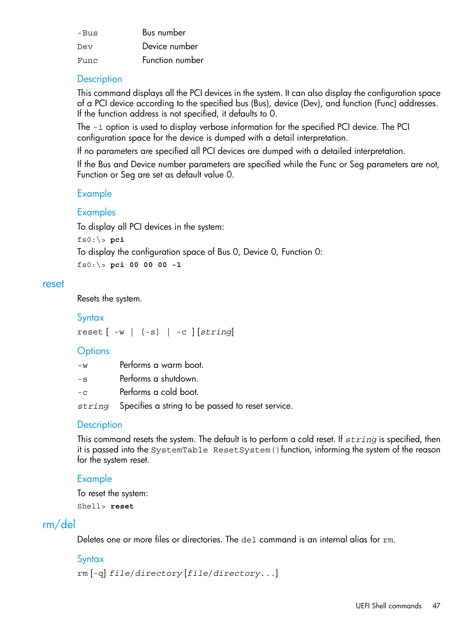 Reset, Rm/del, Reset rm/del | HP Unified Extensible Firmware Interface User Manual | Page 47 / 79