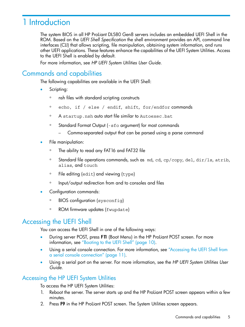 1 introduction, Commands and capabilities, Accessing the uefi shell | Accessing the hp uefi system utilities, Commands and capabilities accessing the uefi shell | HP Unified Extensible Firmware Interface User Manual | Page 5 / 79