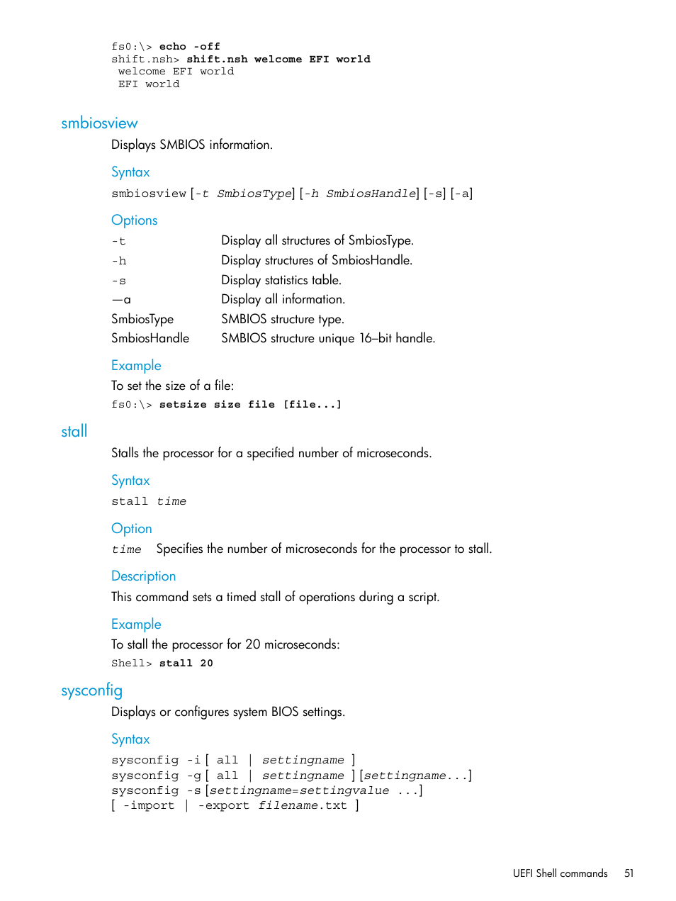 Smbiosview, Stall, Sysconfig | Smbiosview stall sysconfig | HP Unified Extensible Firmware Interface User Manual | Page 51 / 79