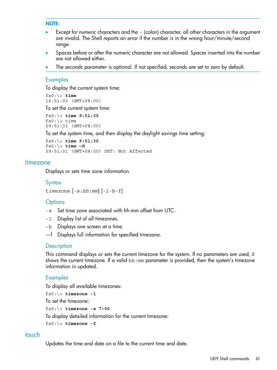 Timezone, Touch, Timezone touch | HP Unified Extensible Firmware Interface User Manual | Page 61 / 79