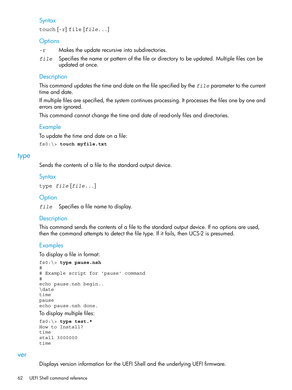 Type, Type ver | HP Unified Extensible Firmware Interface User Manual | Page 62 / 79