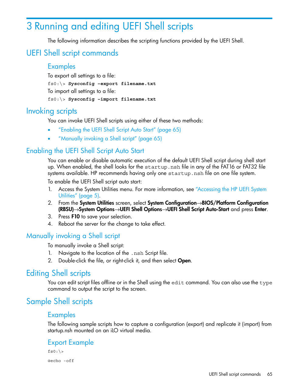 3 running and editing uefi shell scripts, Uefi shell script commands, Invoking scripts | Enabling the uefi shell script auto start, Manually invoking a shell script, Editing shell scripts, Sample shell scripts, Uefi shell script commands invoking scripts, Editing shell scripts sample shell scripts, Examples | HP Unified Extensible Firmware Interface User Manual | Page 65 / 79