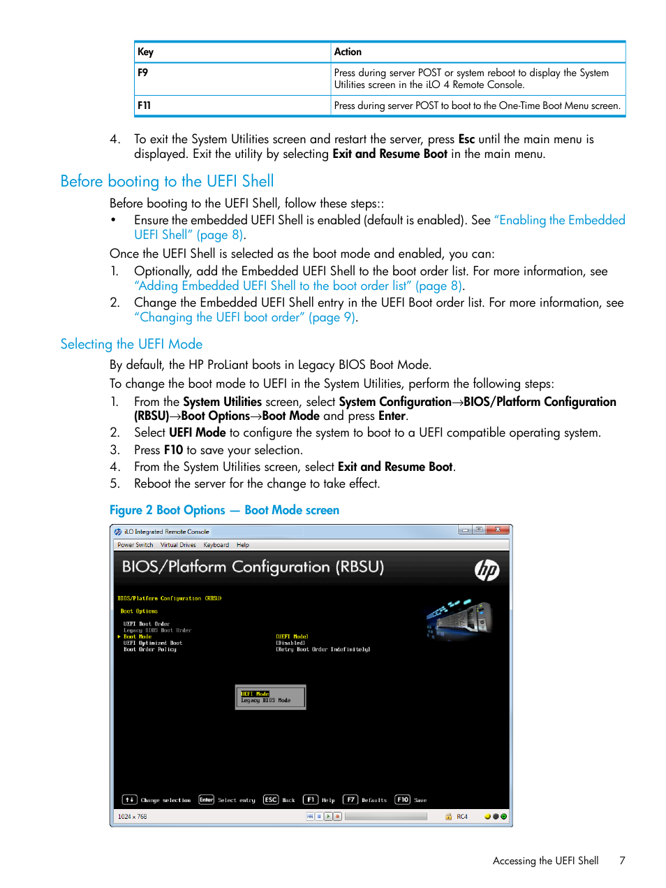 Before booting to the uefi shell, Selecting the uefi mode | HP Unified Extensible Firmware Interface User Manual | Page 7 / 79